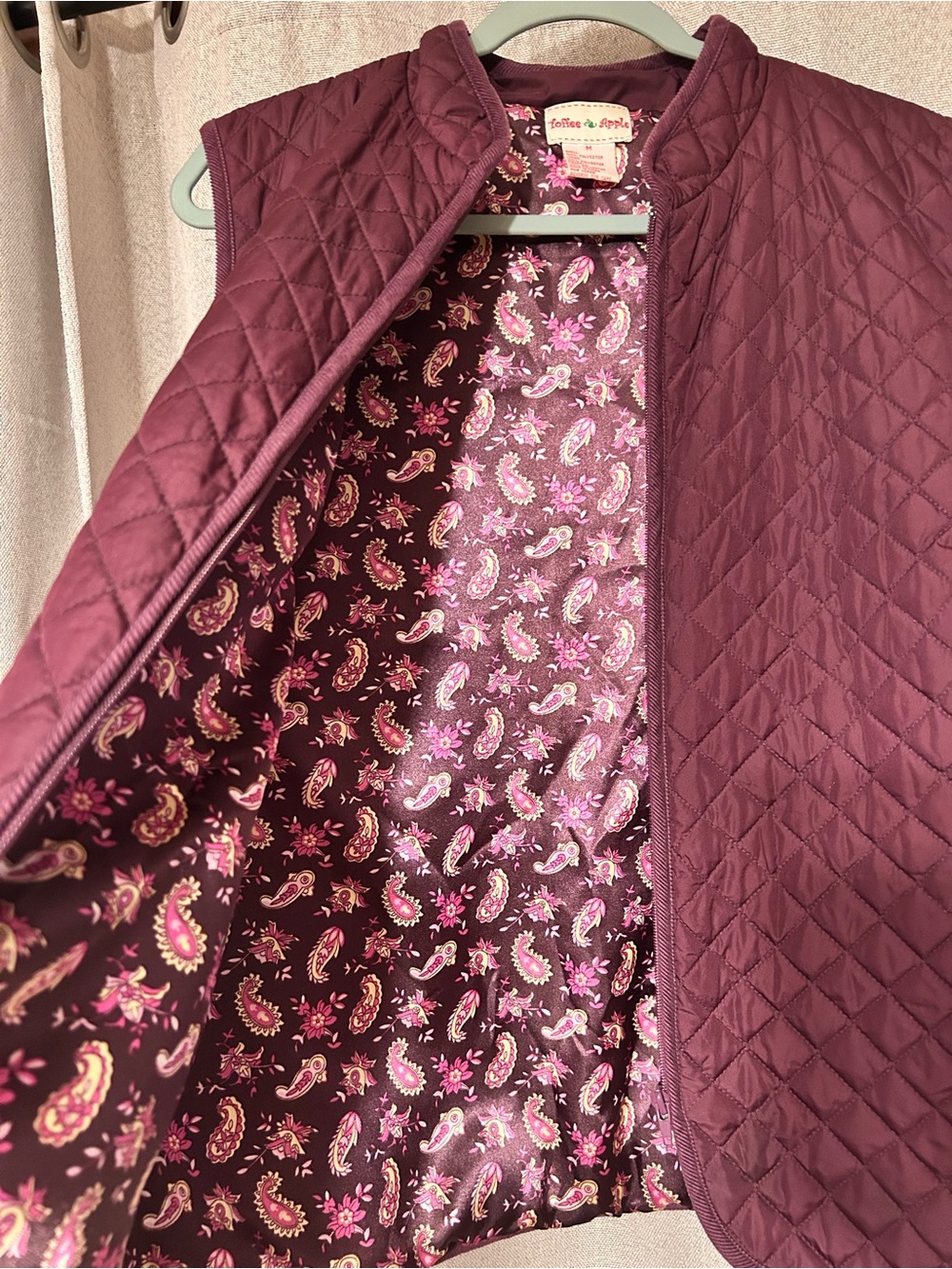 Toffee Apple Quilted Vest in Plum with Floral Lining Medium